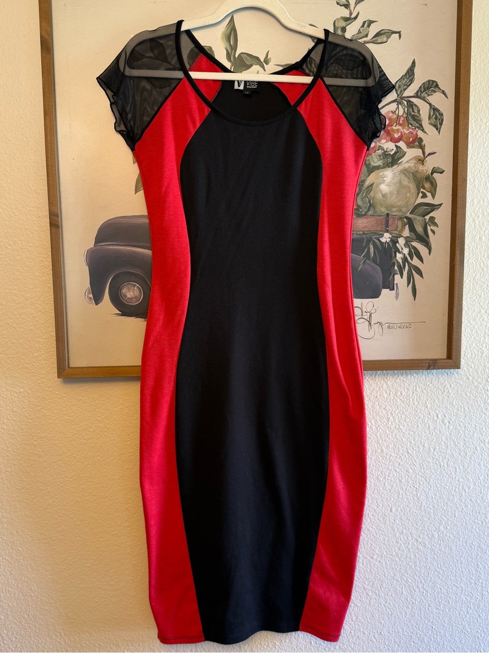 Women's Black & Red Mesh-Shoulder Sheath Dress - Picture 1 of 3